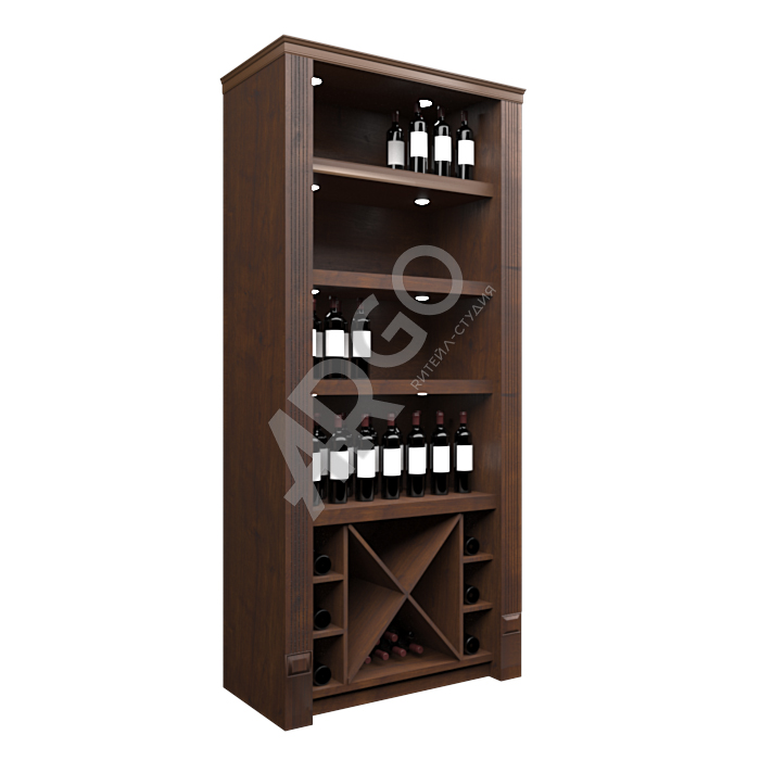 Пристенный шкаф для хранения вина от ритейл-студии ARGO с четырьмя открытыми отсеками для демонстрации продукции и ячейками для хранения 