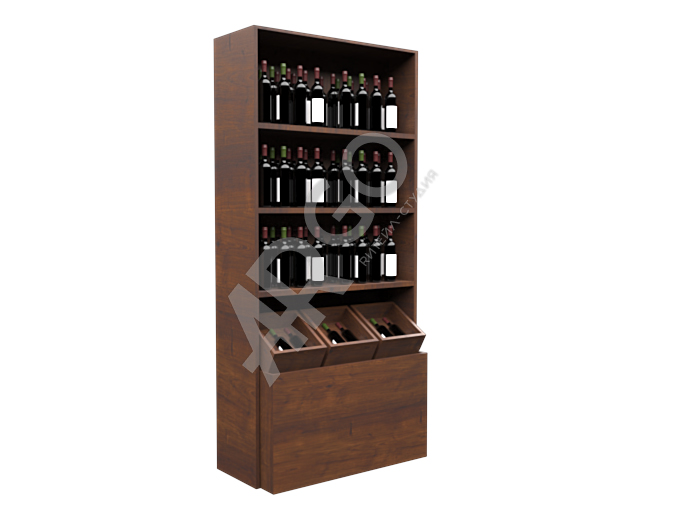 Пристенный винный шкаф с дополнительным запасником для хранения продукции, выполненный из высококачественного деревянного материала