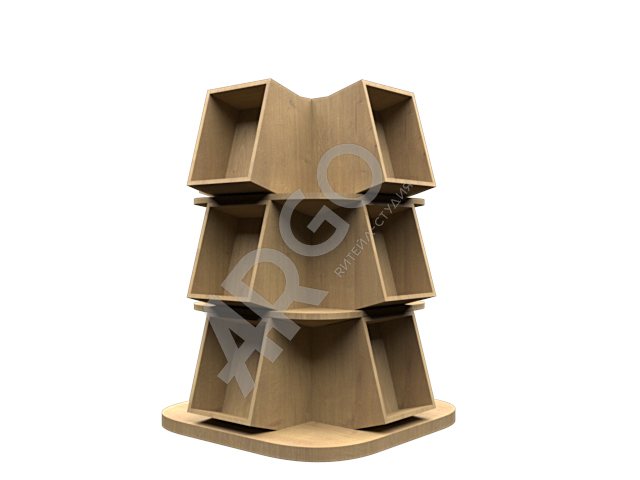 Винная промо стойка в виде круглой пирамиды с ящиками предельно вместительна – на каждой из полок можно расположить 4 единицы товара, всего стойка вмещает 36 единиц 