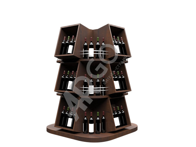Стильная и компактная промо стойка для винной продукции в виде круглой пирамиды с ящиками от ритейл-студии ARGO, выполненная из высококачественного дерева 